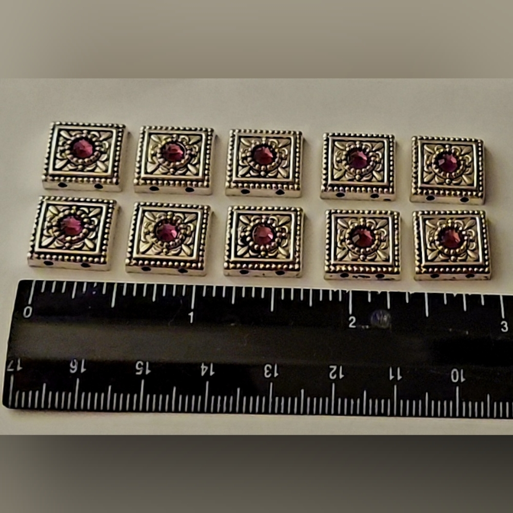 12 Double Hole Silvertone Slider Beads Swarovski Crystals 15mm Amethyst Purple
